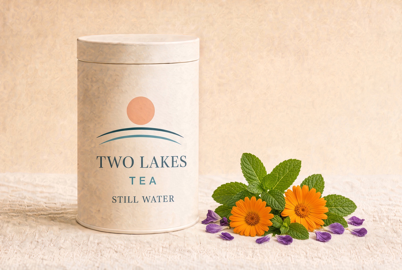 Still Water — Two Lakes Tea tin beside loose tea
